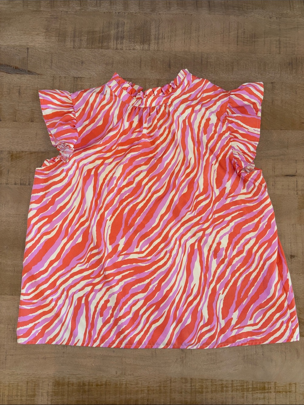 Voy Boutique Pink & Orange Ruffle Sleeve Tie-Back Top Shirt Large